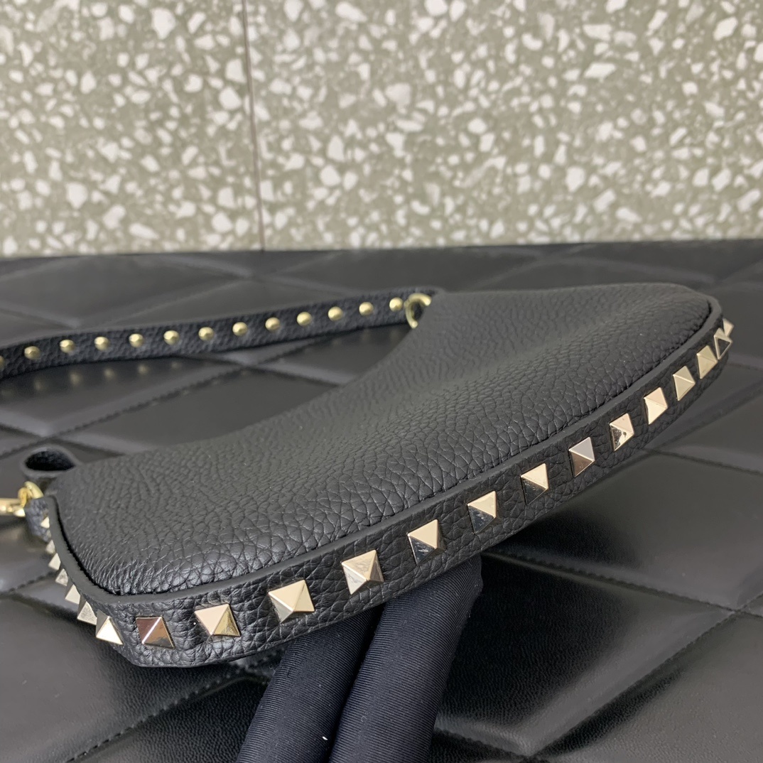 Valentino Garavani Rockstud Mini Hobo Bag in Black Grainy Calfskin